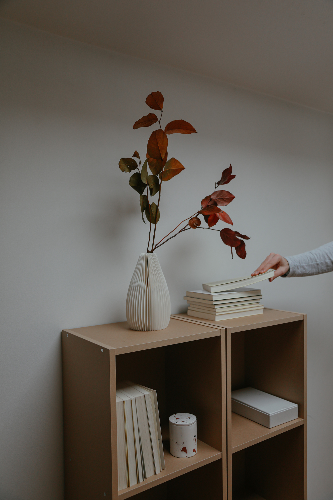 Photo of a Person Getting a Book Near a White Vase